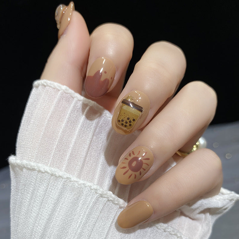 Designer: HuaHua.Handmade nails Press on Nails DIY Nail Art for woman girl Short Square Cartoon brown