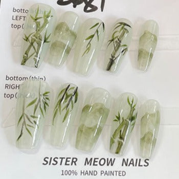 Designer: MeowMeow.Handmade Nail Designs Press on Nails DIY  Nail Art for woman girl Long Coffin green