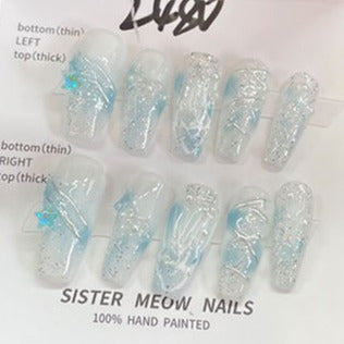 Designer: MeowMeow.Handmade Nail Designs Press on Nails DIY  Nail Art for woman girl Long Coffin blue