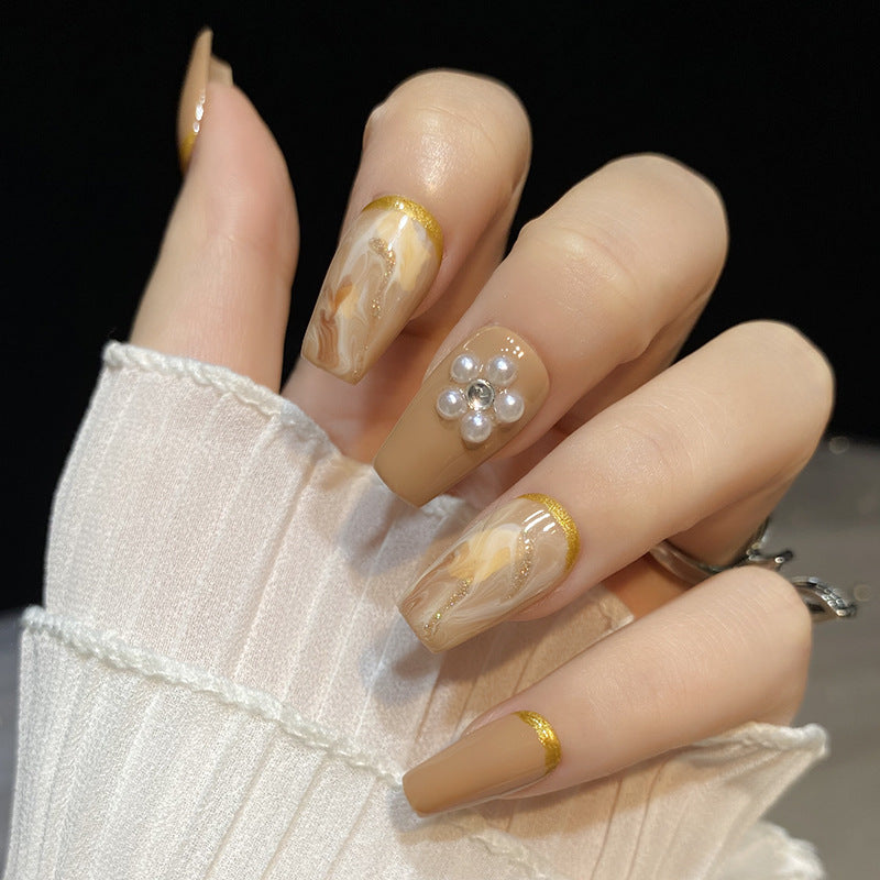 Designer: HuaHua.Handmade nails Press on Nails DIY Nail Art for woman girl Long Coffin brown