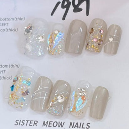 Designer: MeowMeow.Handmade Nail Designs Press on Nails DIY  Nail Art for woman girl Long Square gray