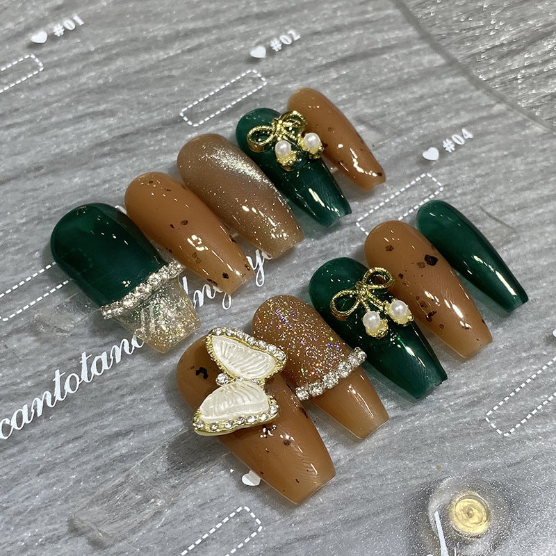 Designer: HuaHua.Handmade nails Press on Nails DIY Nail Art for woman girl Long Coffin green brown