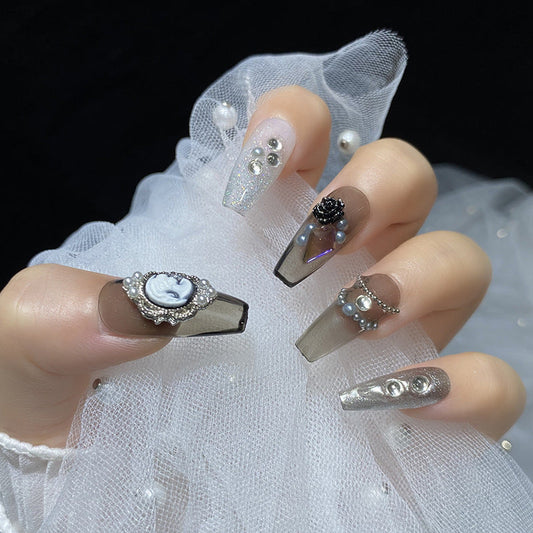 Designer: HuaHua.Handmade nails Press on Nails DIY Nail Art for woman girl Long Coffin gray