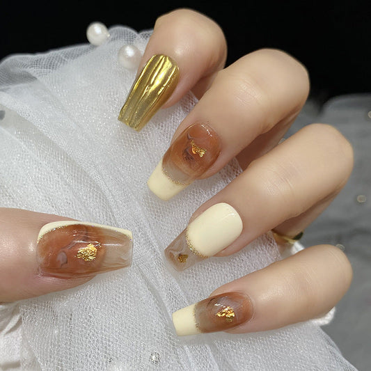 Designer: HuaHua.Handmade nails Press on Nails DIY Nail Art for woman girl Long Coffin brown gold