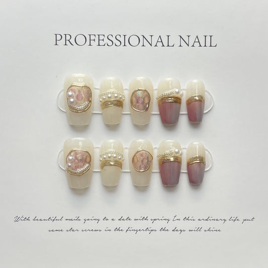 Designer: ManMan Handmade nails Press on Nails DIY Nail Art for woman girl Long Coffin pink