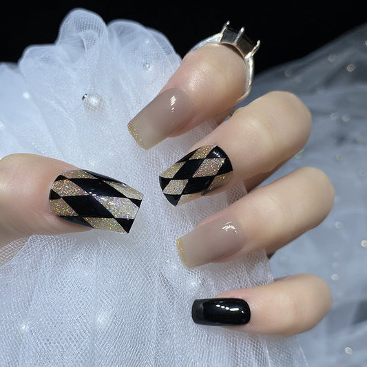 Designer: HuaHua.Handmade nails Press on Nails DIY Nail Art for woman girl Long Square pink black