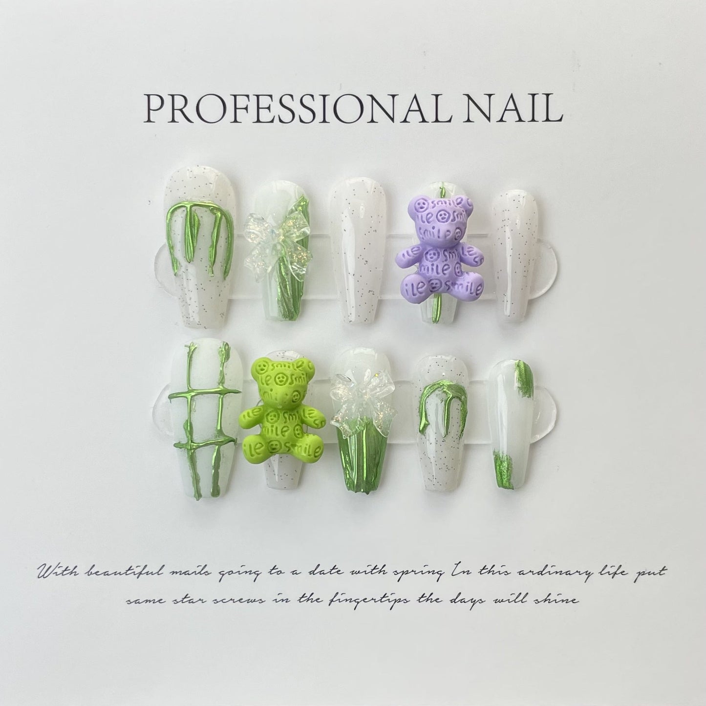 Designer: ManMan Handmade nails Press on Nails DIY Nail Art for woman girl Long Coffin green