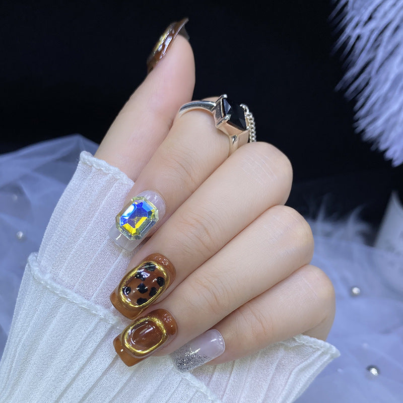 Designer: HuaHua.Handmade nails Press on Nails DIY Nail Art for woman girl Long Square brown