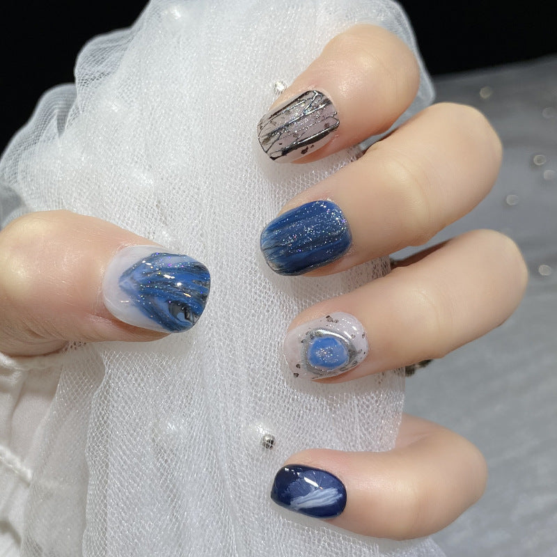 Designer: HuaHua.Handmade nails Press on Nails DIY Nail Art for woman girl Short Square blue