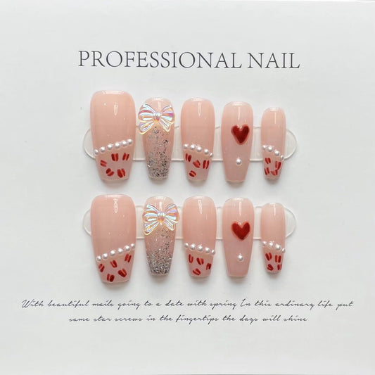 Designer: ManMan Handmade nails Press on Nails DIY Nail Art for woman girl Long Coffin pink