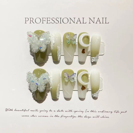 Designer: ManMan Handmade nails Press on Nails DIY Nail Art for woman girl Long Coffin green