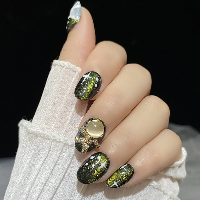 Designer: HuaHua.Handmade nails Press on Nails DIY Nail Art for woman girl Short green