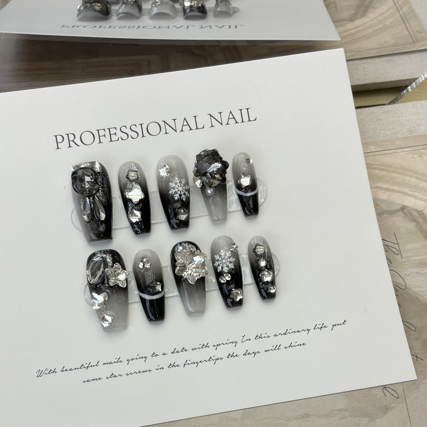 Designer: ManMan Handmade nails Press on Nails DIY Nail Art for woman girl Long Coffin black rhinestone