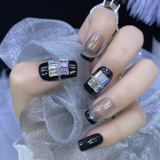 Designer: HuaHua.Handmade nails Press on Nails DIY Nail Art for woman girl Long Square rhinestone black