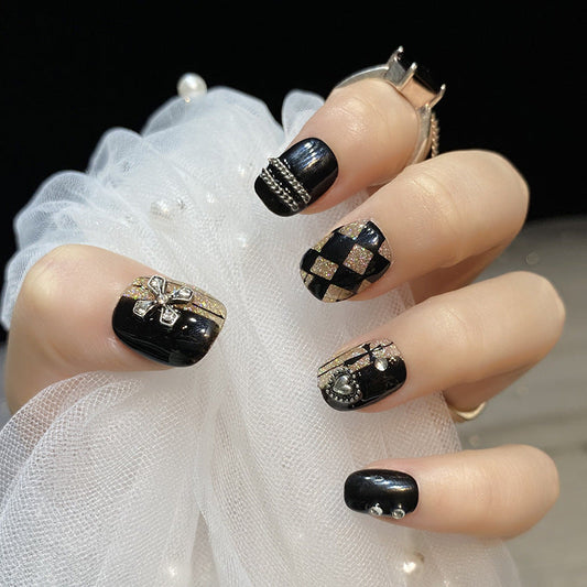 Designer: HuaHua.Handmade nails Press on Nails DIY Nail Art for woman girl Short Square black