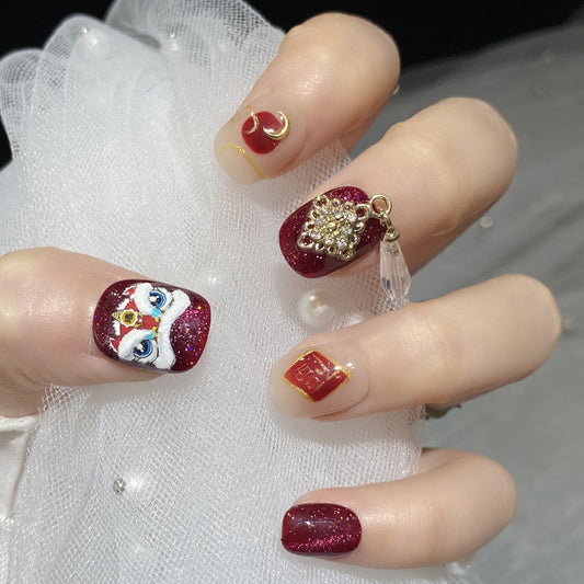 Designer: HuaHua.Handmade nails Press on Nails DIY Nail Art for woman girl Short Square red