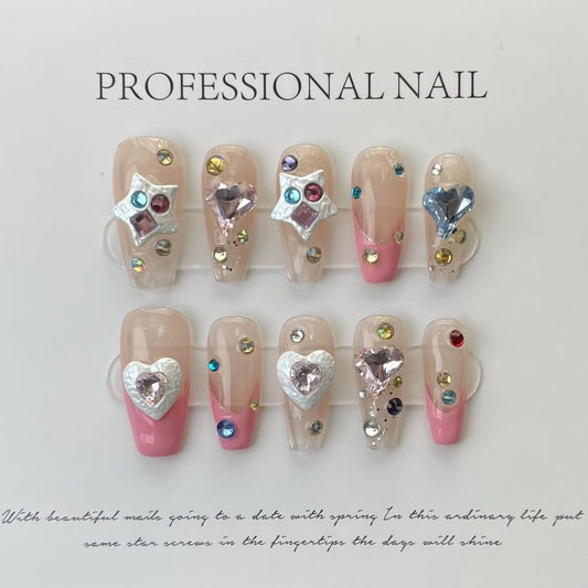 Designer: ManMan Handmade nails Press on Nails DIY Nail Art for woman girl Long Coffin pink