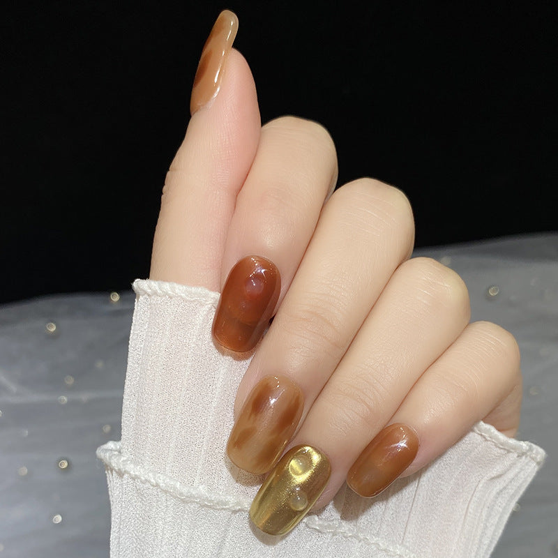 Designer: HuaHua.Handmade nails Press on Nails DIY Nail Art for woman girl Short Square brown