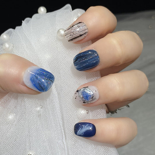 Designer: HuaHua.Handmade nails Press on Nails DIY Nail Art for woman girl Short Square blue