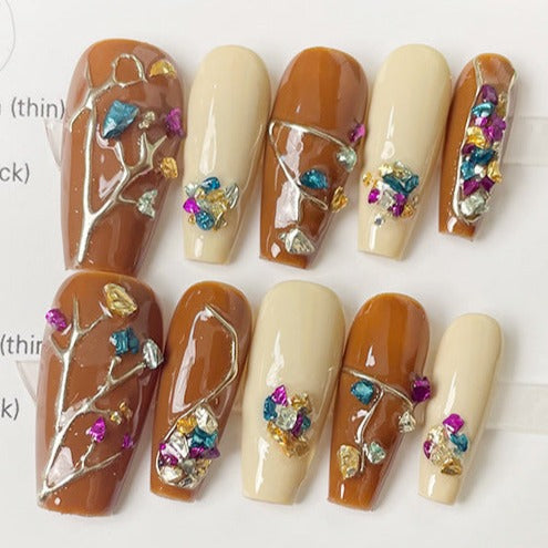 Designer: MeowMeow.Handmade Nail Designs Press on Nails DIY  Nail Art for woman girl  brown Long Coffin rhinestone