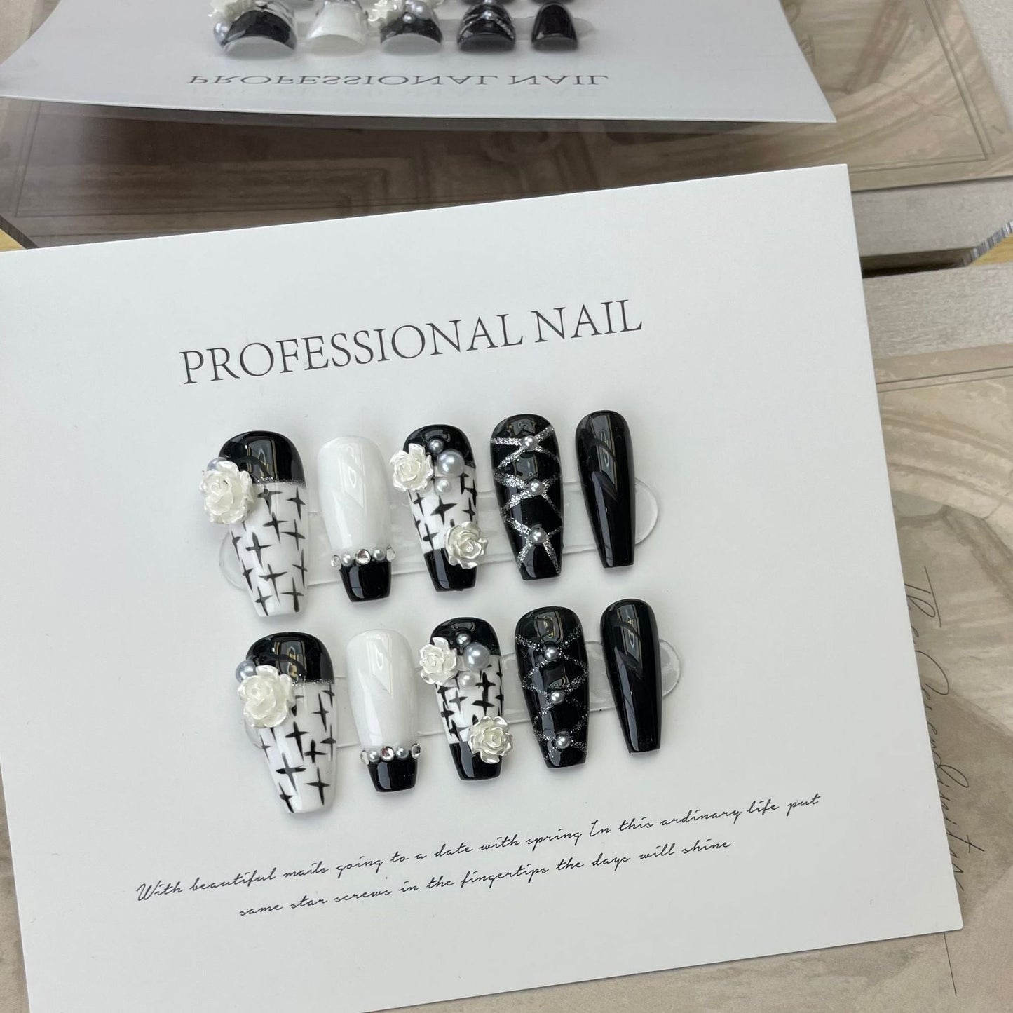 Designer: ManMan Handmade nails Press on Nails DIY Nail Art for woman girl Long Coffin white black