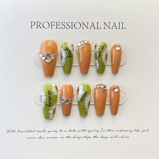 Designer: ManMan Handmade nails Press on Nails DIY Nail Art for woman girl Long Coffin orange