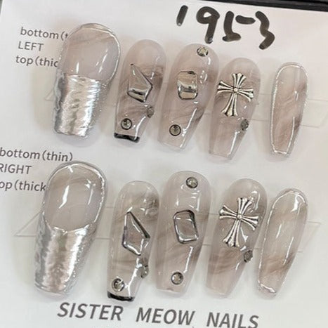 Designer: MeowMeow.Handmade Nail Designs Press on Nails DIY  Nail Art for woman girl Long Coffin gray