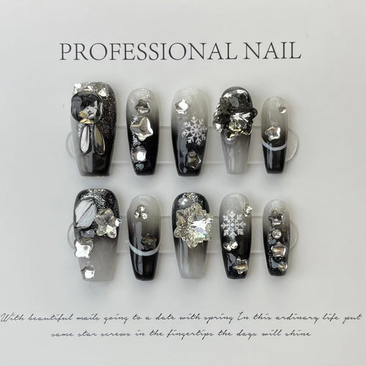 Designer: ManMan Handmade nails Press on Nails DIY Nail Art for woman girl Long Coffin black rhinestone