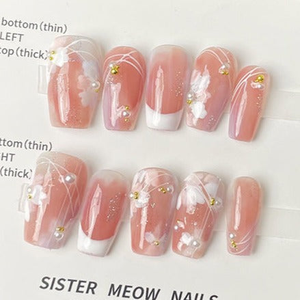 Designer: MeowMeow.24178 Handmade Nail Designs Press on Nails DIY  Nail Art for woman girl Long Coffin pink