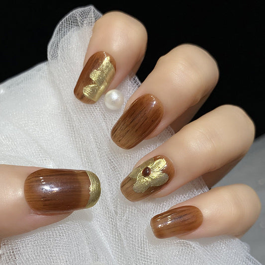 Designer: HuaHua.Handmade nails Press on Nails DIY Nail Art for woman girl Long Square brown gold