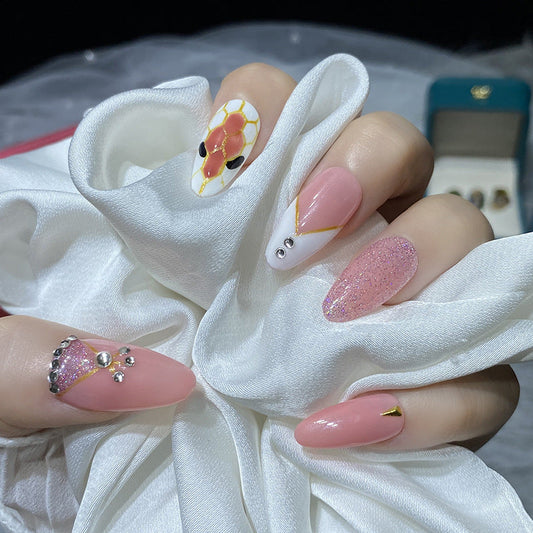 Designer: HuaHua.Handmade nails Press on Nails DIY Nail Art for woman girl Almond Long pink