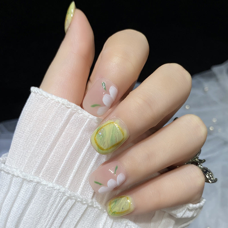 Designer: HuaHua.Handmade nails Press on Nails DIY Nail Art for woman girl  Short Square pink green