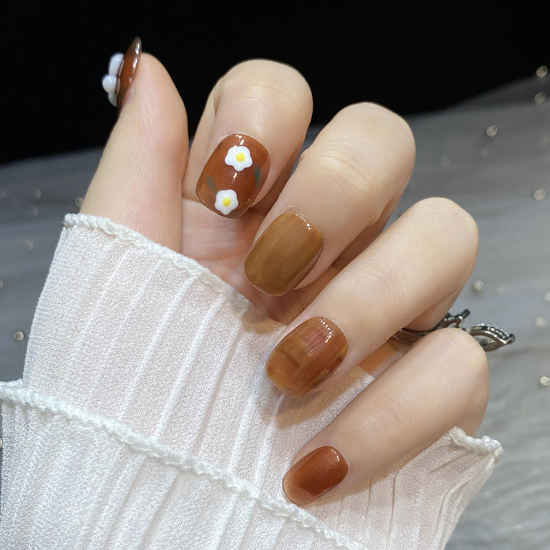 Designer: HuaHua.Handmade nails Press on Nails DIY Nail Art for woman girl Short Square brown Cartoon