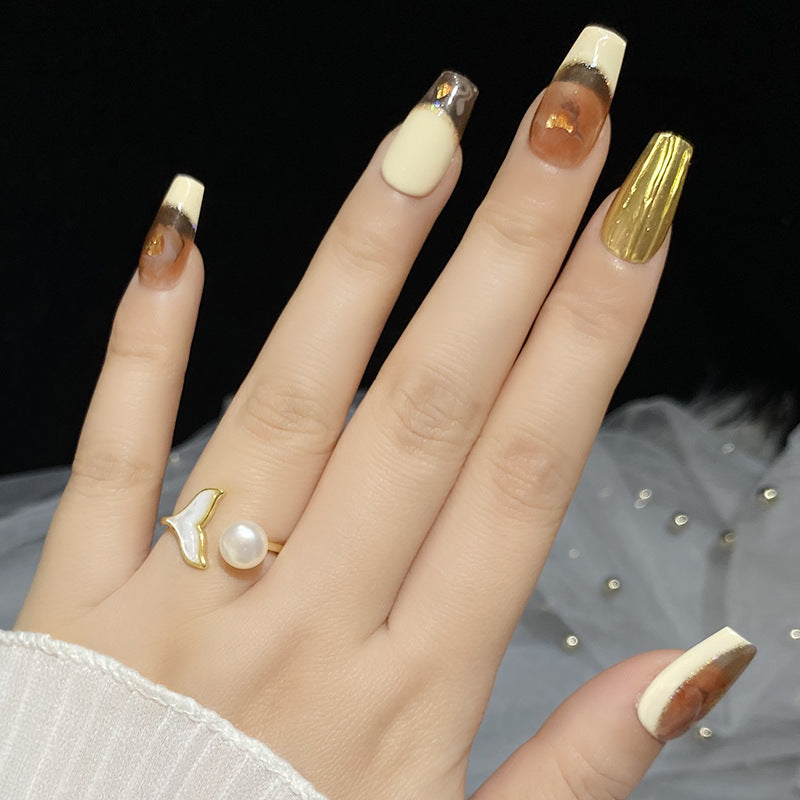 Designer: HuaHua.Handmade nails Press on Nails DIY Nail Art for woman girl Long Coffin brown gold