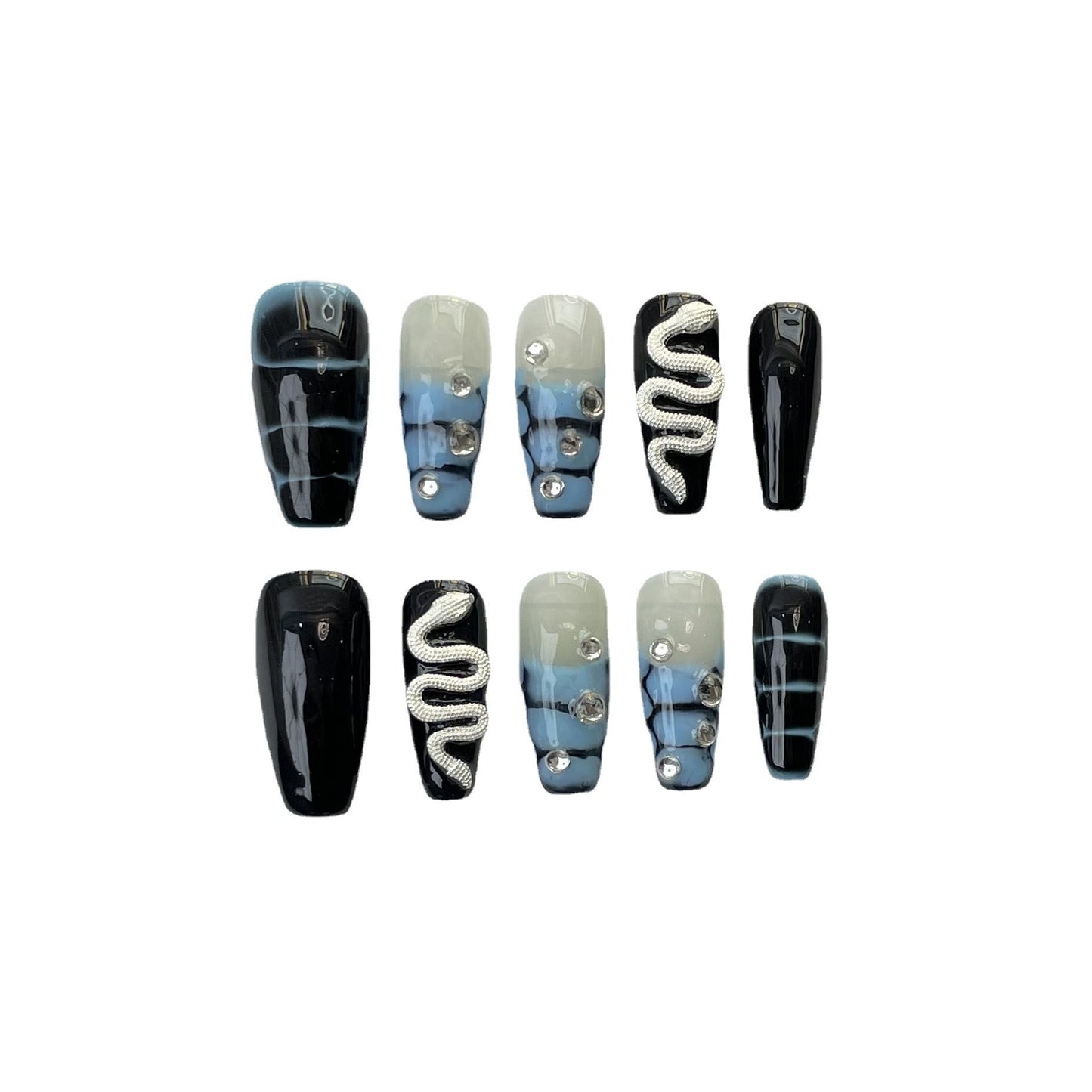 Designer: ManMan Handmade nails Press on Nails DIY Nail Art for woman girl Long Coffin blue black