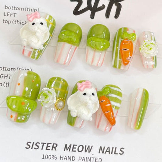 Designer: MeowMeow.Handmade Nail Designs Press on Nails DIY  Nail Art for woman girl Long Coffin green Cartoon