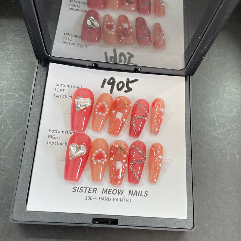 Designer: MeowMeow.Handmade Nail Designs Press on Nails DIY  Nail Art for woman girl Long Coffin pink red rhinestone