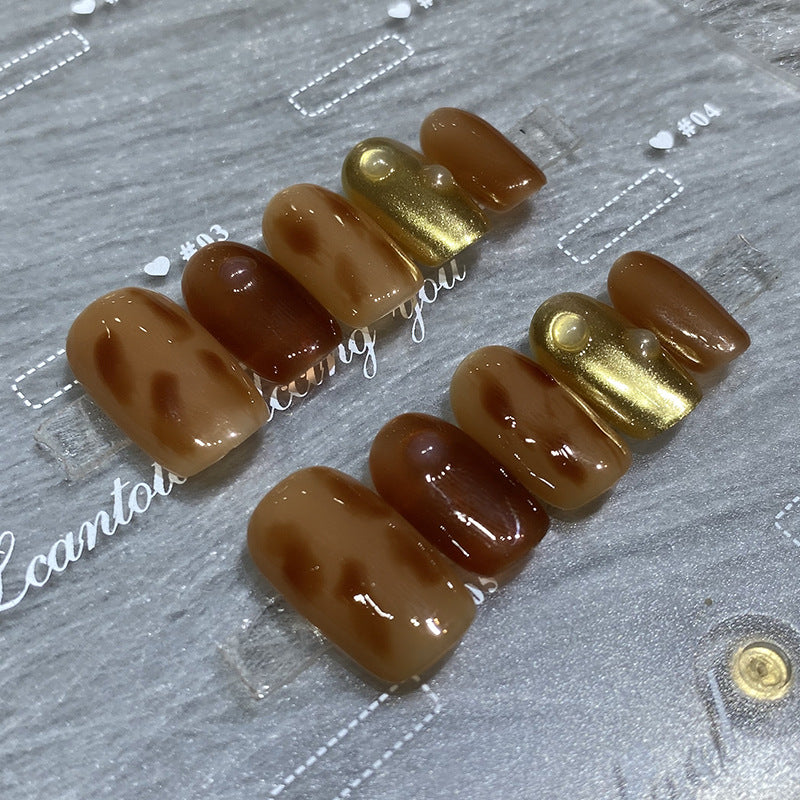 Designer: HuaHua.Handmade nails Press on Nails DIY Nail Art for woman girl Short Square brown