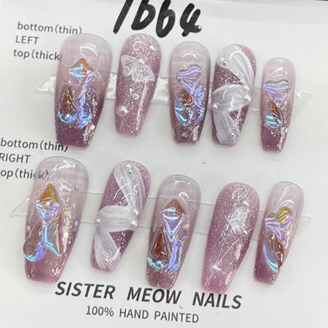 Designer: MeowMeow.Handmade Nail Designs Press on Nails DIY  Nail Art for woman girl Long Coffin purple