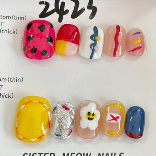 Designer: MeowMeow.Handmade Nail Designs Press on Nails DIY  Nail Art for woman girl Short Square colorful Cartoon