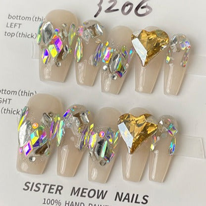 Designer: MeowMeow.Handmade Nail Designs Press on Nails DIY  Nail Art for woman girl Long Coffin brown rhinestone