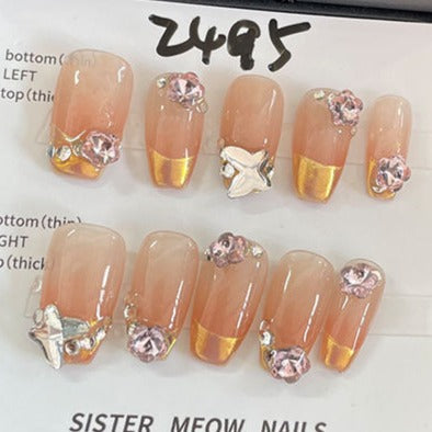 Designer: MeowMeow.Handmade Nail Designs Press on Nails DIY  Nail Art for woman girl Long Coffin pink rhinestone