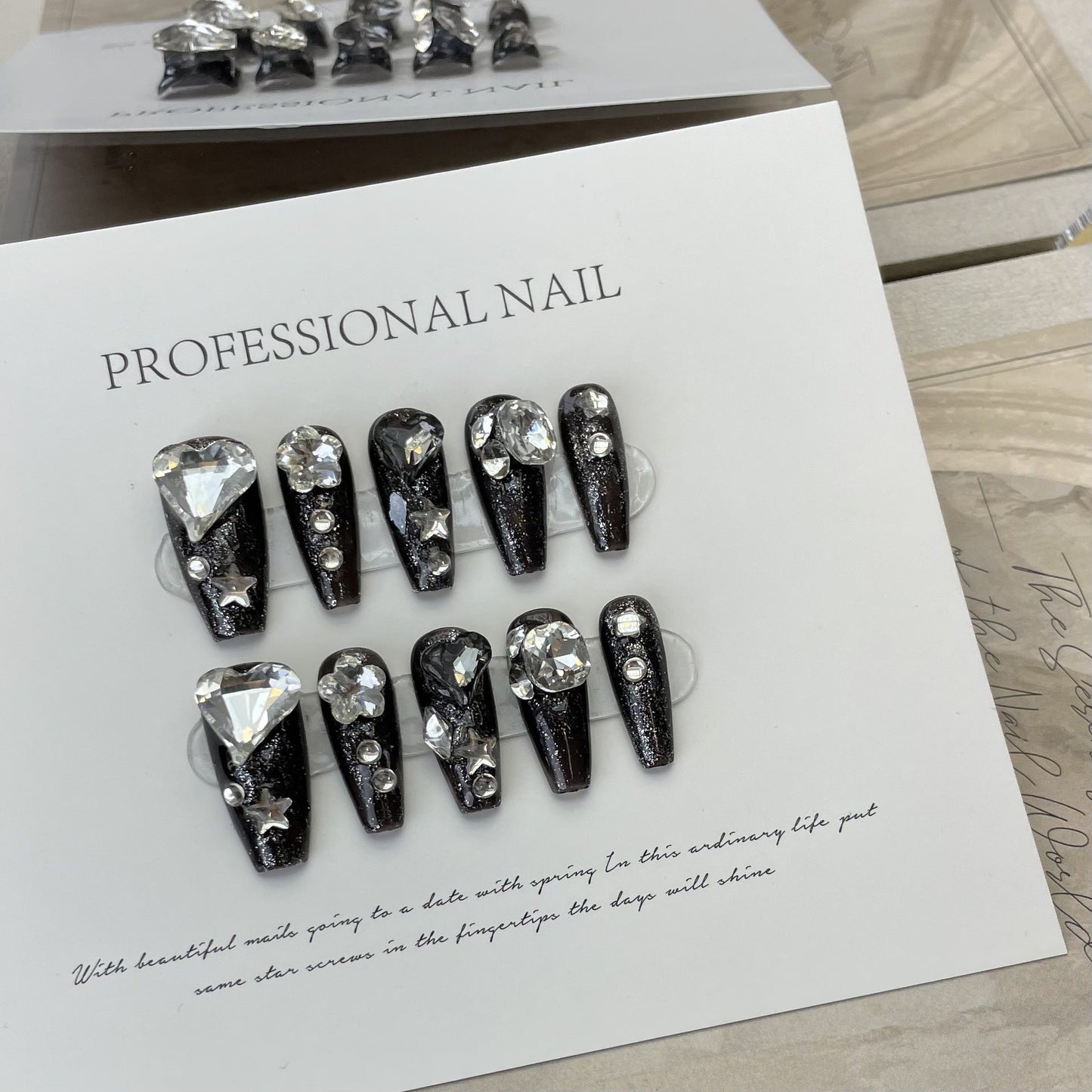 Designer: ManMan Handmade nails Press on Nails DIY Nail Art for woman girl Long Coffin black rhinestone