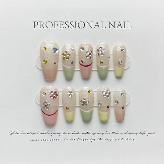 Designer: ManMan Handmade nails Press on Nails DIY Nail Art for woman girl Long Coffin pink colorful