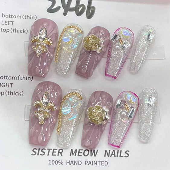 Designer: MeowMeow.Handmade Nail Designs Press on Nails DIY  Nail Art for woman girl Long Coffin purple silver