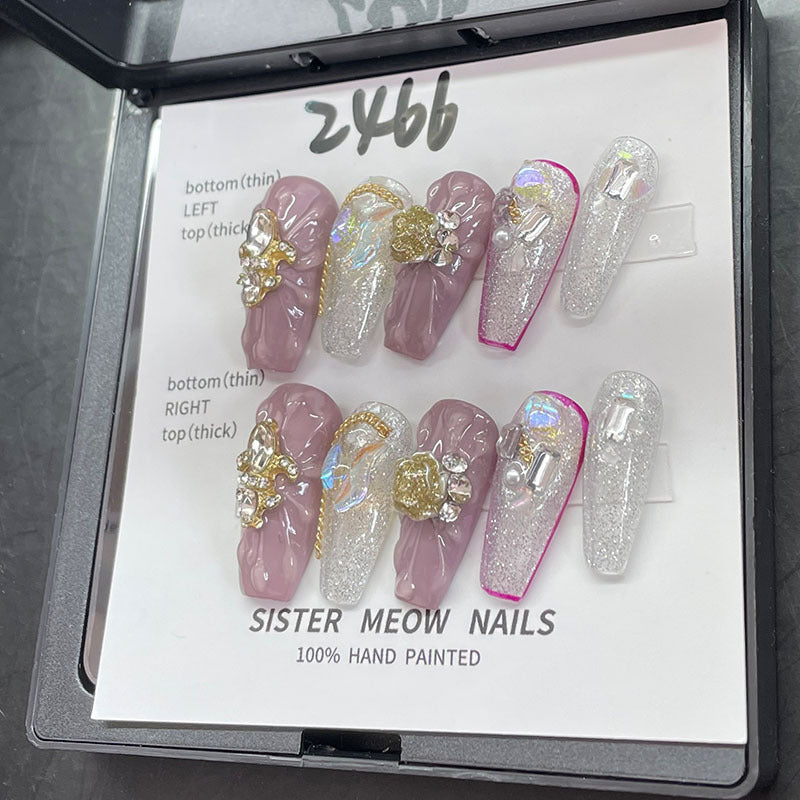 Designer: MeowMeow.Handmade Nail Designs Press on Nails DIY  Nail Art for woman girl Long Coffin purple silver