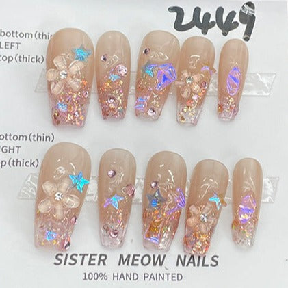 Designer: MeowMeow.Handmade Nail Designs Press on Nails DIY  Nail Art for woman girl Long Coffin pink