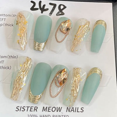 Designer: MeowMeow.Handmade Nail Designs Press on Nails DIY  Nail Art for woman girl Long Coffin green gold