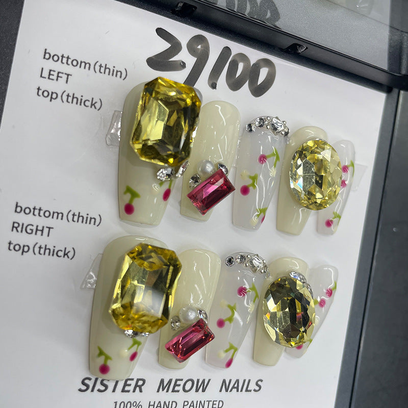 Designer: MeowMeow.Handmade Nail Designs Press on Nails DIY  Nail Art for woman girl Long Coffin rhinestone yellow