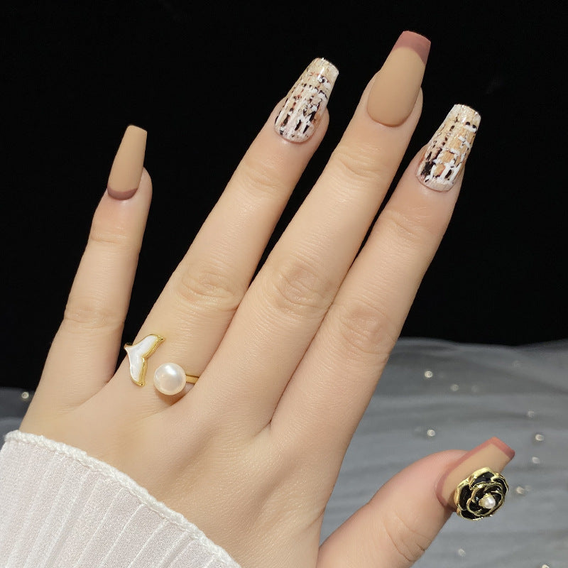 Designer: HuaHua.Handmade nails Press on Nails DIY Nail Art for woman girl Long Coffin brown